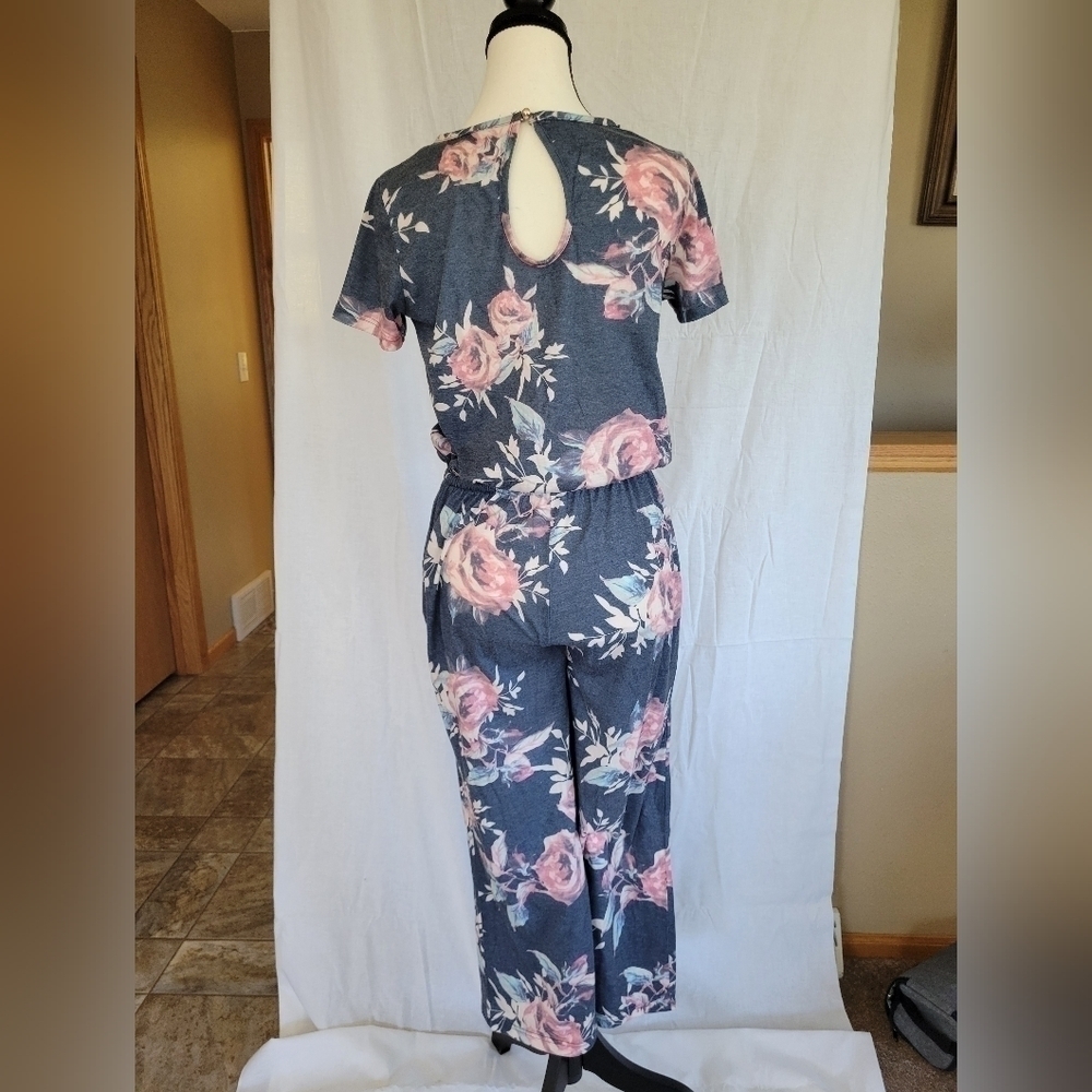 Tickled Teal blue grey floral drawstring jumpsuit w/pockets S - Picture 12 of 12